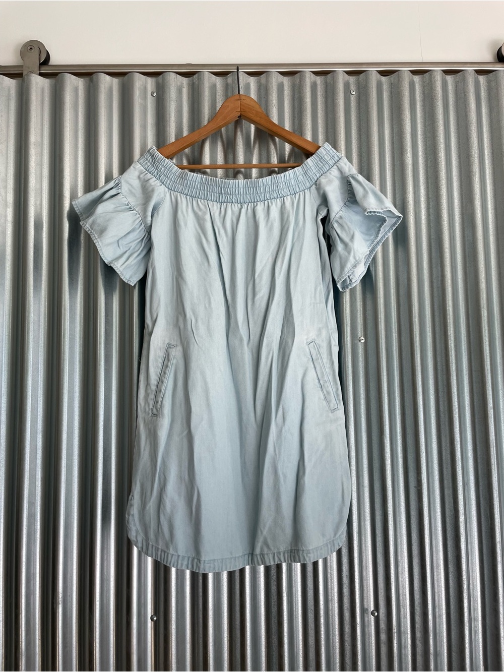 All Saints Pale Denim Off-Shoulder Cotton Dress